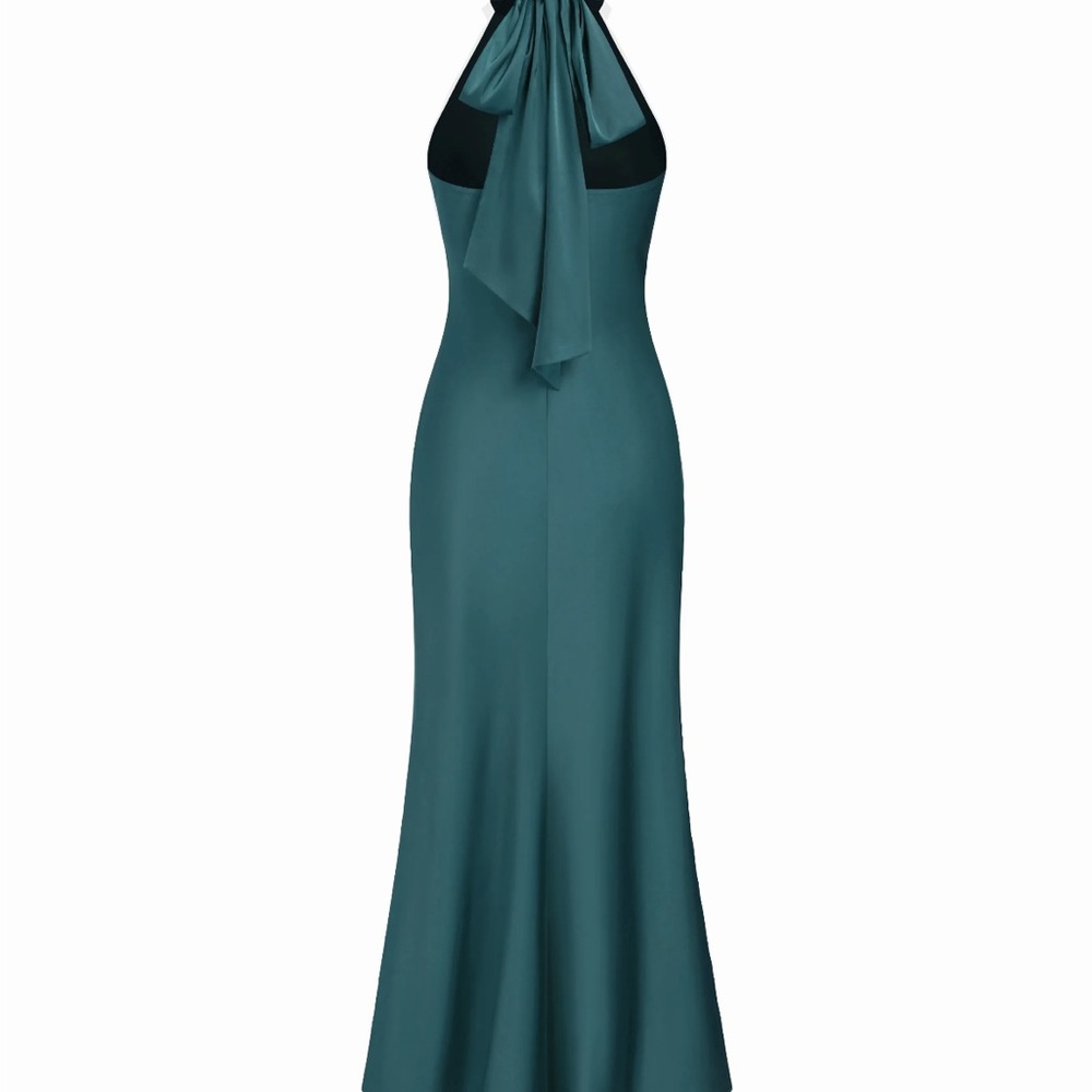 Cider Teal Backless Halter Gown with Neck Tie